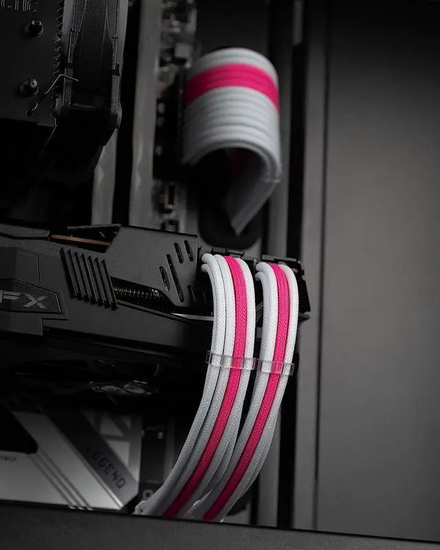 Alt view image 2 of 2 - Sleeved PSU Extension Set - Power Supply Extensions - 1x 24 Pin/ 2X 8 Pin/ 2X 6 Pin/ 1x 4+4 Pin - with Combs - 30cm (White & Pink)