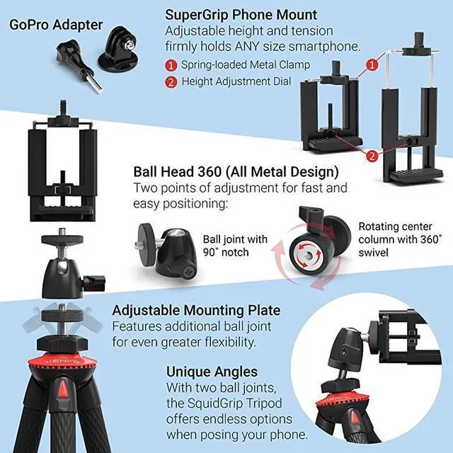 Alt view image 3 of 7 - SquidGrip Flexible Cell Phone Tripod and Portable Action Camera Holder Compatible with iPhone GoPro Android Samsung Google Pixel and All Mobile Phones