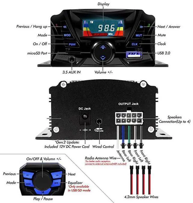 Alt view image 3 of 7 - TS3-Q Gen.2 Motorcycle Weatherproof Bluetooth Speakers 7/8-1 in. Handlebar Mount MP3 Music Player Sound Audio Stereo Amplifier System ATV UTV w/AUX in, USB, Micro SD, FM Radio, 4-Speaker