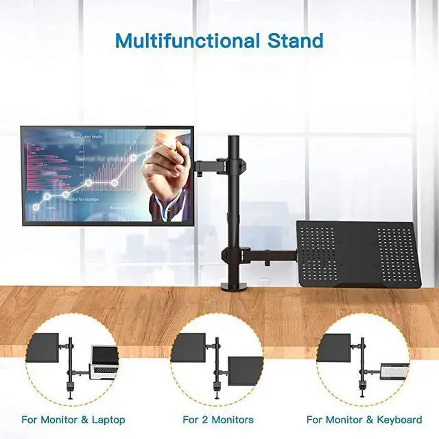 Alt view image 2 of 7 - Monitor Mount Stand with Keyboard Tray Adjustable Notebook Desk Mount with Clamp and Grommet Mounting Base for 13 to 27 Inch LCD Computer Screens Up to 22lbs Notebook up to 156 Black