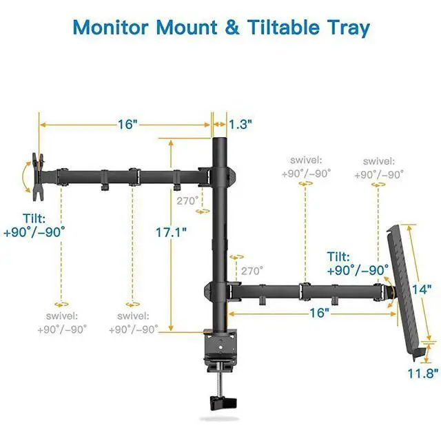 Alt view image 4 of 7 - Monitor Mount Stand with Keyboard Tray Adjustable Notebook Desk Mount with Clamp and Grommet Mounting Base for 13 to 27 Inch LCD Computer Screens Up to 22lbs Notebook up to 156 Black