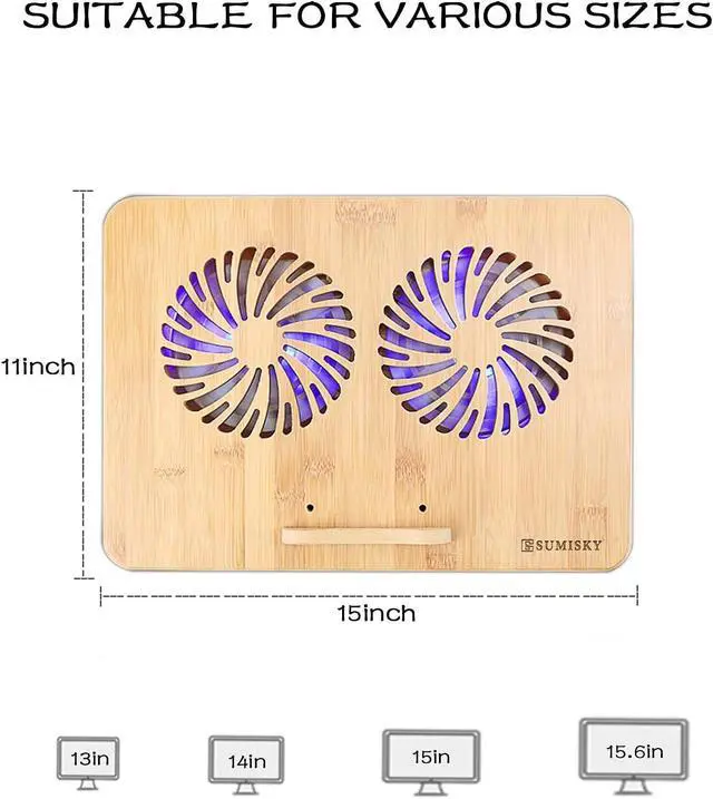 Alt view image 2 of 6 - Laptop Stand Cooling Pad 100% Bamboo Adjustable Laptop Desk with 2 Quiet Cooling Fans Blue Light and 2 USB Ports Ergonomic Cooler Pad (15x11 with 2 Pack USB C to USB Adapter)