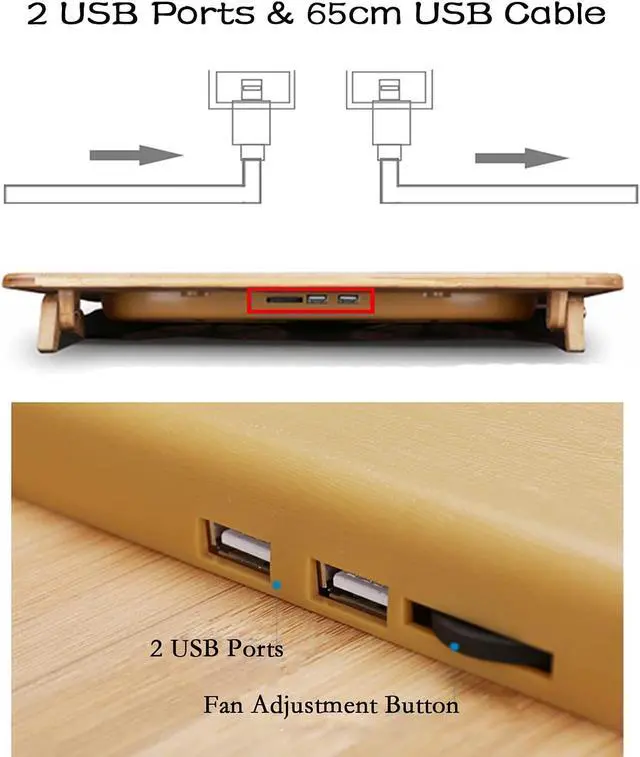 Alt view image 3 of 6 - Laptop Stand Cooling Pad 100% Bamboo Adjustable Laptop Desk with 2 Quiet Cooling Fans Blue Light and 2 USB Ports Ergonomic Cooler Pad (15x11 with 2 Pack USB C to USB Adapter)