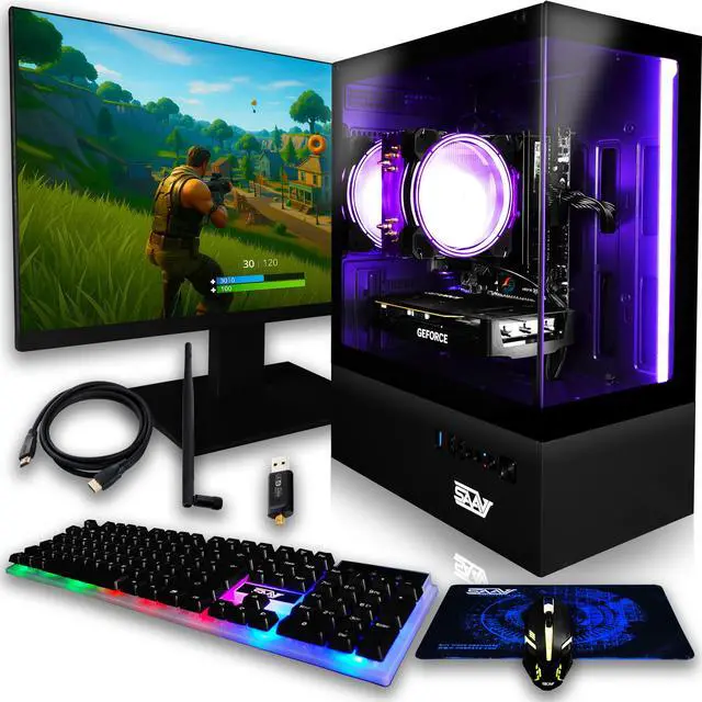 Main image of SAAV X9 2025 Gaming PC Tower Computer, Intel G5400 3.7GHz, AMD Radeon RX 560, 22 inch Monitor, 16GB DDR4, 512GB NVMe SSD, WIFI 6, Bluetooth, Windows 11, RGB Prebuilt Desktop Bundle Black