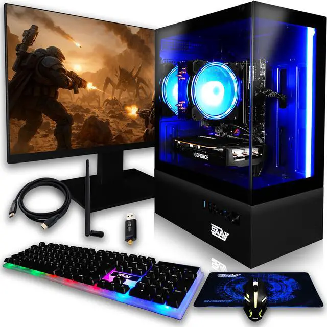 Main image of SAAV X10 2025 Gaming PC Tower Computer, AMD Ryzen 5 5500 4.2GHz, GeForce RTX 5060 8GB GDDR7, 22 inch Monitor, 16GB DDR4, 512GB NVMe SSD, WIFI 6 Bluetooth, Windows 11, RGB Prebuilt Desktop Bundle Black
