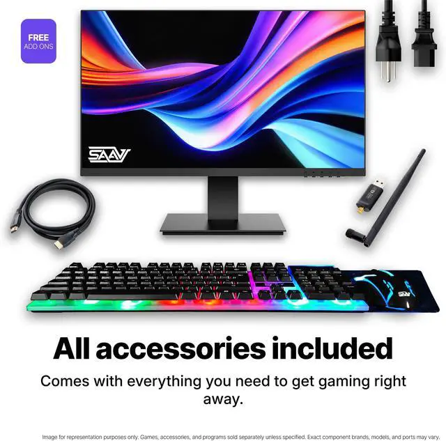 Alt view image 5 of 7 - SAAV X10 2025 Gaming PC Tower Computer, AMD Ryzen 5 5500 4.2GHz, GeForce RTX 5060 8GB GDDR7, 22 inch Monitor, 16GB DDR4, 512GB NVMe SSD, WIFI 6 Bluetooth, Windows 11, RGB Prebuilt Desktop Bundle Black