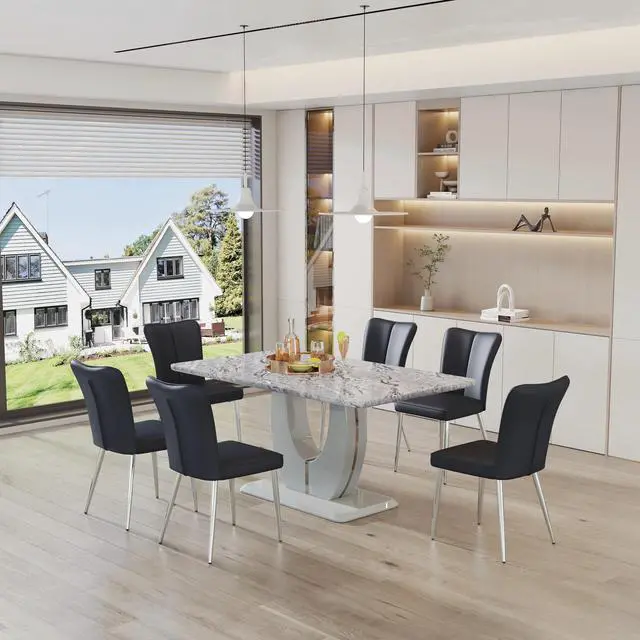 Main image of Sumdeal Modern Marble Dining Table Set for 6, 7 Piece 63inch White Faux Marble Table and High Back Upholstered Chairs Set 6 for Kitchen, Living Room, Dining Room,Grey Table,Black Chairs