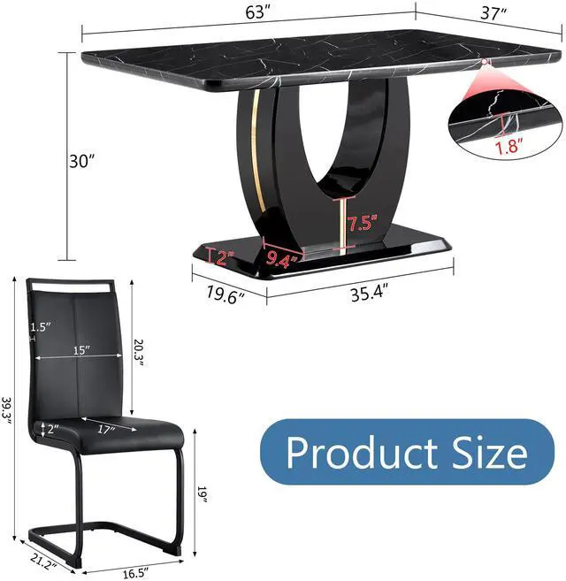 Alt view image 2 of 7 - Sumdeal 63"Modern Black Rectangle Faux Marble Dining Table Room Sets for 6,Dining Table with 6 PU Leather Dining Chairs,Black Table and 6 Black C-shaped Chairs with Black Leg