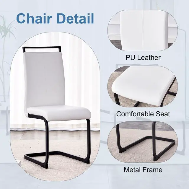 Alt view image 7 of 7 - Sumdeal 63"Modern Black Rectangle Faux Marble Dining Table Room Sets for 4,Dining Table with 4 PU Leather Dining Chairs,Black Table and 4 White C-shaped Chairs with Black Leg