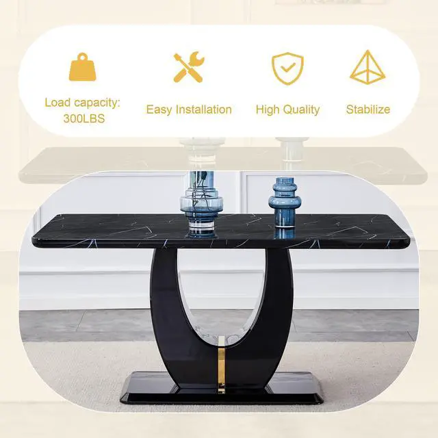 Alt view image 3 of 7 - Sumdeal 63"Modern Black Rectangle Faux Marble Dining Table Room Sets for 6,Dining Table with 6 PU Leather Dining Chairs,Black Table and 6 Black C-shaped Chairs with Black Leg