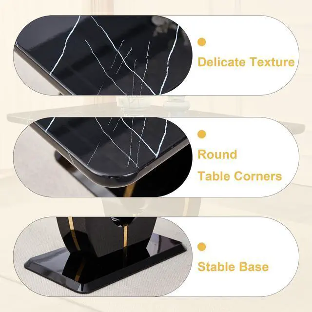 Alt view image 4 of 7 - Sumdeal 63"Modern Black Rectangle Faux Marble Dining Table Room Sets for 6,Dining Table with 6 PU Leather Dining Chairs,Black Table and 6 Black C-shaped Chairs with Black Leg