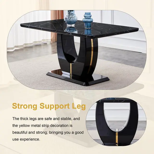 Alt view image 5 of 7 - Sumdeal 63"Modern Black Rectangle Faux Marble Dining Table Room Sets for 6,Dining Table with 6 PU Leather Dining Chairs,Black Table and 6 Black C-shaped Chairs with Black Leg