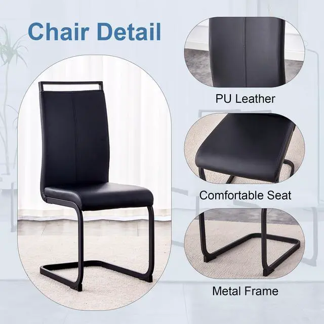 Alt view image 7 of 7 - Sumdeal 63"Modern Black Rectangle Faux Marble Dining Table Room Sets for 6,Dining Table with 6 PU Leather Dining Chairs,Black Table and 6 Black C-shaped Chairs with Black Leg