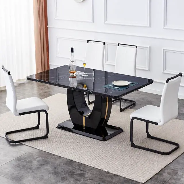 Main image of Sumdeal 63"Modern Black Rectangle Faux Marble Dining Table Room Sets for 4,Dining Table with 4 PU Leather Dining Chairs,Black Table and 4 White C-shaped Chairs with Black Leg