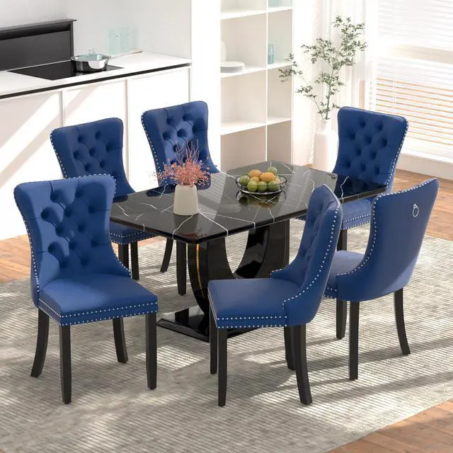Main image of Sumdeal 5/7-Piece Dining Set, Includes a 63-inch Modern Black Faux Marble Dining Table and 4/6 Velvet-Upholstered Chairs, Perfect for Kitchens, Dining Rooms, and Offices