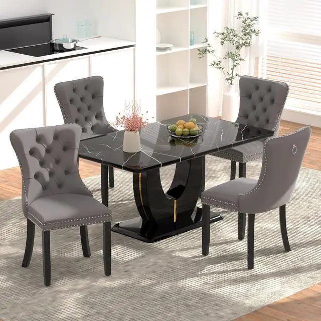 Main image of Sumdeal 5/7-Piece Dining Set, Includes a 63-inch Modern Black Faux Marble Dining Table and 4/6 Velvet-Upholstered Chairs, Perfect for Kitchens, Dining Rooms, and Offices