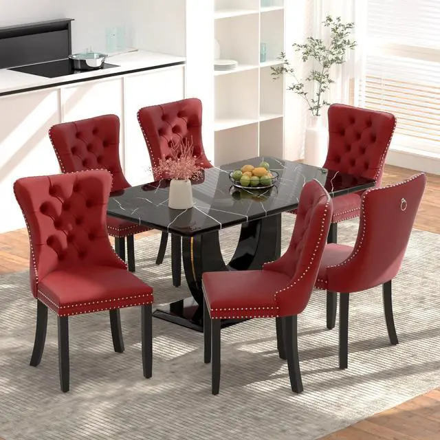 Main image of Sumdeal 5/7-Piece Dining Set, Includes a 63-inch Modern Black Faux Marble Dining Table and 4/6 Velvet-Upholstered Chairs, Perfect for Kitchens, Dining Rooms, and Offices