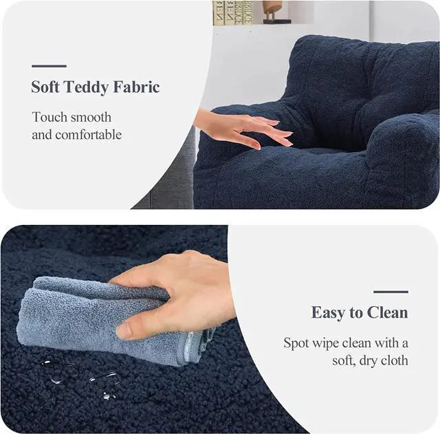 Alt view image 4 of 7 - Sumdeal Soft Tufted Foam Bean Bag Chair For Adults, Fluffy Lazy Sofa Teddy Fabric Bean Bags Comfy Couch, Stuffed Bean Bag Sofa Reading Chair Lounge Chair for Bedroom, Living Room, Apartment, Dark Blue