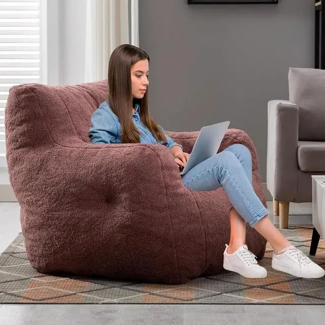 Alt view image 4 of 7 - Sumdeal 39.37''Soft Tufted Foam Bean Bag Chairs, Teddy Fabric Bean Bags with Arms, Bean Paste red