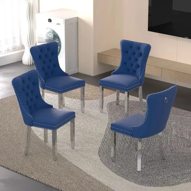 Main image of Sumdeal Velvet Dining Chairs Set of 4, Tall Back Side Chair, Modern Upholstered High-end Tufted Side Chair with Button Back Ring,Blue with Silver Leg