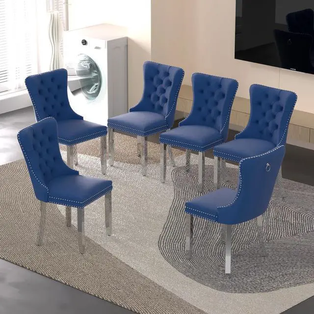 Main image of Sumdeal Velvet Dining Chairs Set of 6, Tall Back Side Chair, Modern Upholstered High-end Tufted Side Chair with Button Back Ring,Blue with Silver Leg