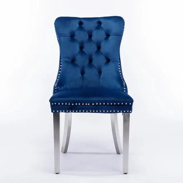 Alt view image 2 of 6 - Sumdeal Velvet Dining Chairs Set of 2, Tall Back Side Chair, Modern Upholstered High-end Tufted Side Chair with Button Back Ring,Blue with Silver Leg