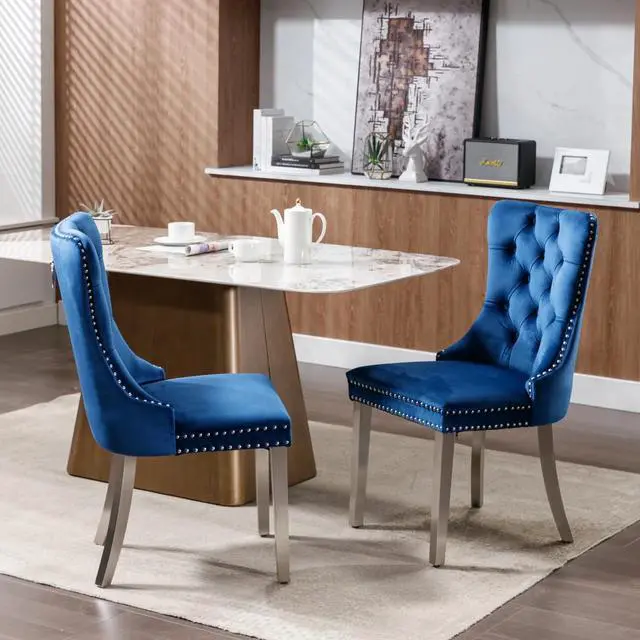 Alt view image 3 of 6 - Sumdeal Velvet Dining Chairs Set of 2, Tall Back Side Chair, Modern Upholstered High-end Tufted Side Chair with Button Back Ring,Blue with Silver Leg