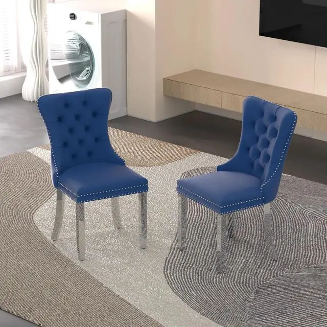 Main image of Sumdeal Velvet Dining Chairs Set of 2, Tall Back Side Chair, Modern Upholstered High-end Tufted Side Chair with Button Back Ring,Blue with Silver Leg