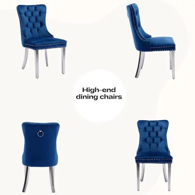 Alt view image 6 of 6 - Sumdeal Velvet Dining Chairs Set of 2, Tall Back Side Chair, Modern Upholstered High-end Tufted Side Chair with Button Back Ring,Blue with Silver Leg