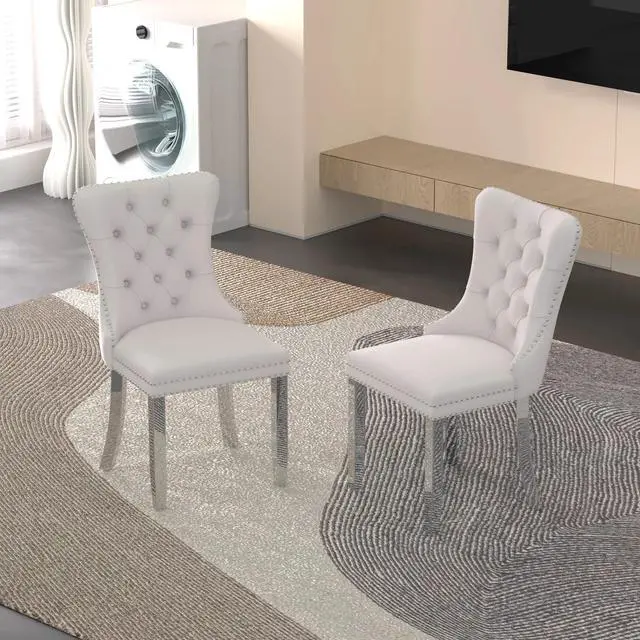 Main image of Sumdeal Velvet Dining Chairs Set of 2, Tall Back Side Chair, Modern Upholstered High-end Tufted Side Chair with Button Back Ring,Beige with Silver Leg
