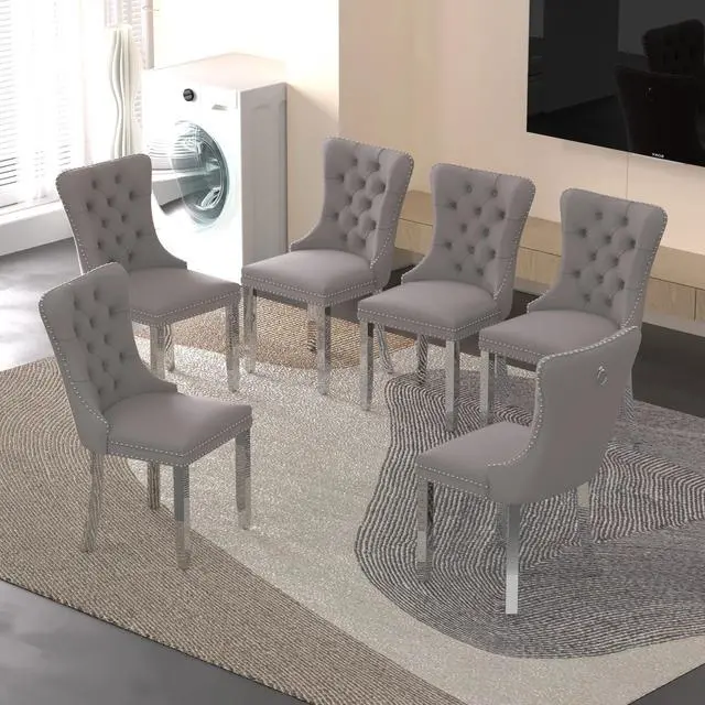 Main image of Sumdeal Velvet Dining Chairs Set of 6, Tall Back Side Chair, Modern Upholstered High-end Tufted Side Chair with Button Back Ring,Gray with Silver Leg