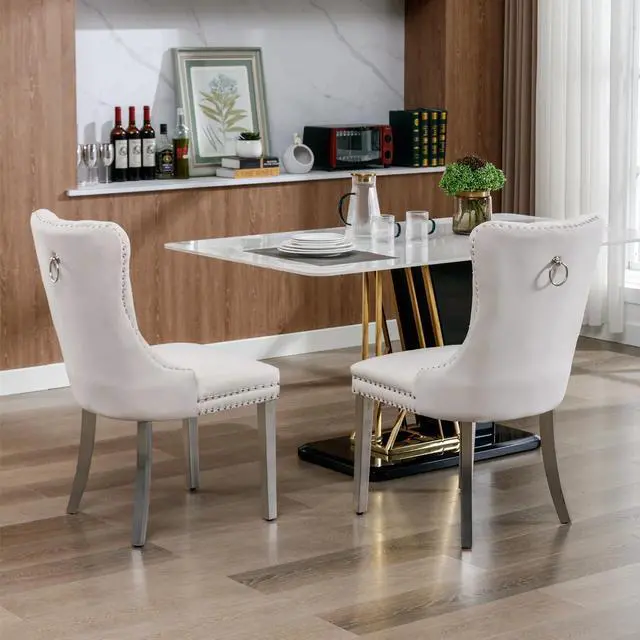 Alt view image 2 of 6 - Sumdeal Velvet Dining Chairs Set of 2, Tall Back Side Chair, Modern Upholstered High-end Tufted Side Chair with Button Back Ring,Beige with Silver Leg