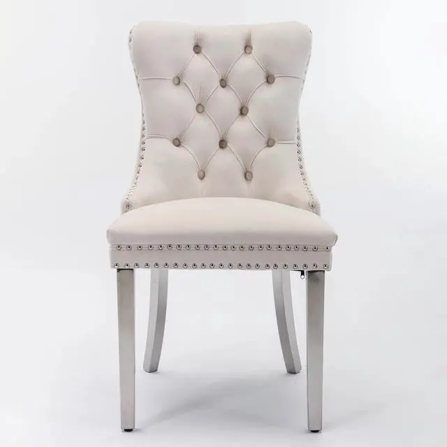 Alt view image 3 of 6 - Sumdeal Velvet Dining Chairs Set of 2, Tall Back Side Chair, Modern Upholstered High-end Tufted Side Chair with Button Back Ring,Beige with Silver Leg