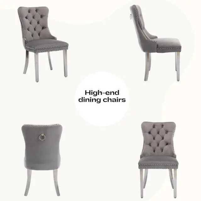 Alt view image 6 of 6 - Sumdeal Velvet Dining Chairs Set of 6, Tall Back Side Chair, Modern Upholstered High-end Tufted Side Chair with Button Back Ring,Gray with Silver Leg