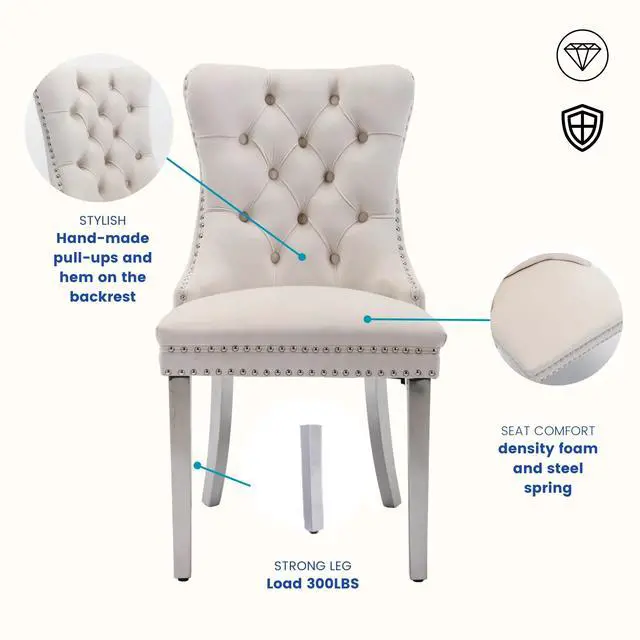 Alt view image 6 of 6 - Sumdeal Velvet Dining Chairs Set of 6, Tall Back Side Chair, Modern Upholstered High-end Tufted Side Chair with Button Back Ring,Beige with Silver Leg