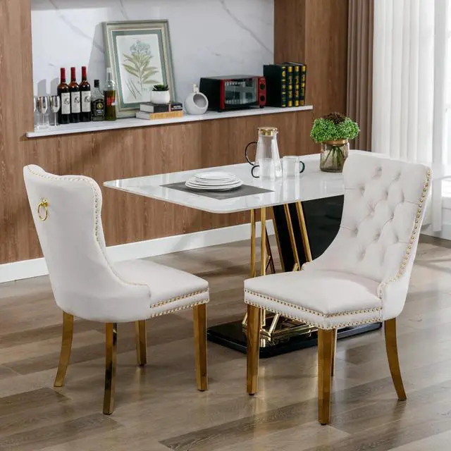 Alt view image 3 of 5 - Sumdeal Velvet Dining Chairs Set of 6, Tall Back Side Chair, Modern Upholstered High-end Tufted Side Chair with Button Back Ring,Beige with Golden Leg