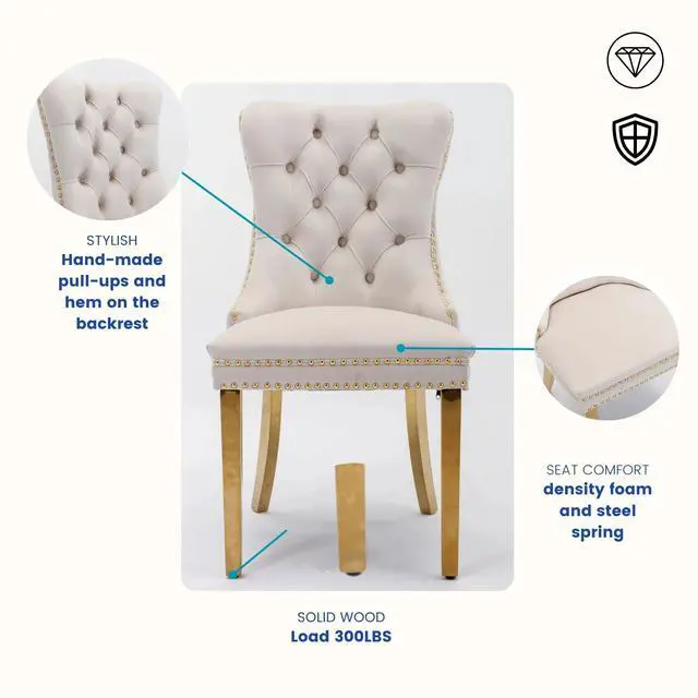 Alt view image 4 of 5 - Sumdeal Velvet Dining Chairs Set of 6, Tall Back Side Chair, Modern Upholstered High-end Tufted Side Chair with Button Back Ring,Beige with Golden Leg