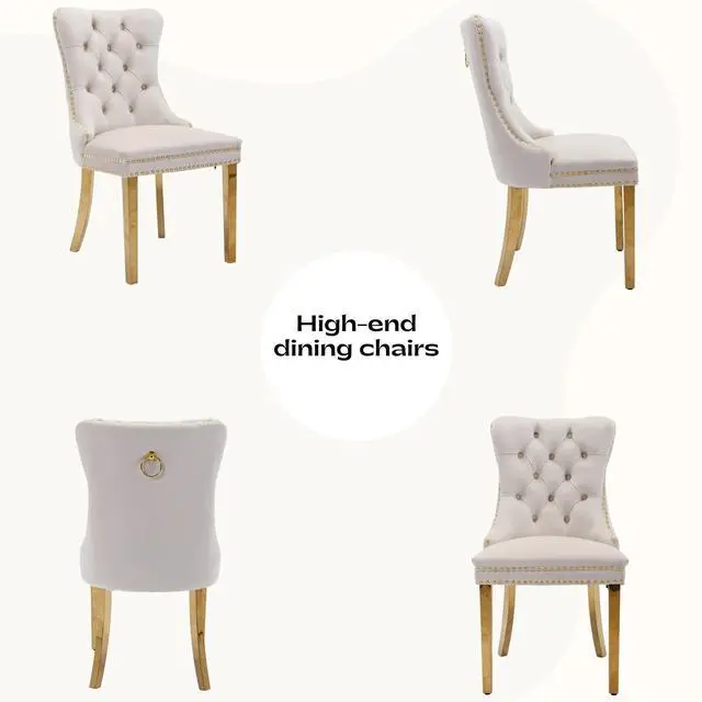 Alt view image 5 of 5 - Sumdeal Velvet Dining Chairs Set of 6, Tall Back Side Chair, Modern Upholstered High-end Tufted Side Chair with Button Back Ring,Beige with Golden Leg