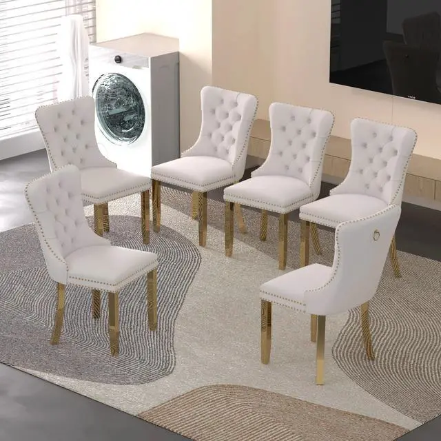 Main image of Sumdeal Velvet Dining Chairs Set of 6, Tall Back Side Chair, Modern Upholstered High-end Tufted Side Chair with Button Back Ring,Beige with Golden Leg