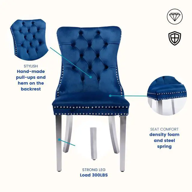 Alt view image 5 of 6 - Sumdeal Velvet Dining Chairs Set of 2, Tall Back Side Chair, Modern Upholstered High-end Tufted Side Chair with Button Back Ring,Blue with Silver Leg