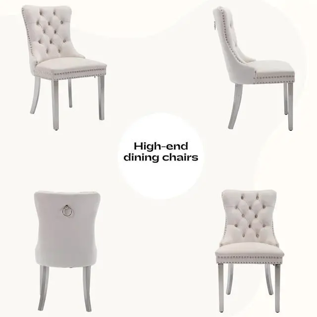 Alt view image 6 of 6 - Sumdeal Velvet Dining Chairs Set of 2, Tall Back Side Chair, Modern Upholstered High-end Tufted Side Chair with Button Back Ring,Beige with Silver Leg