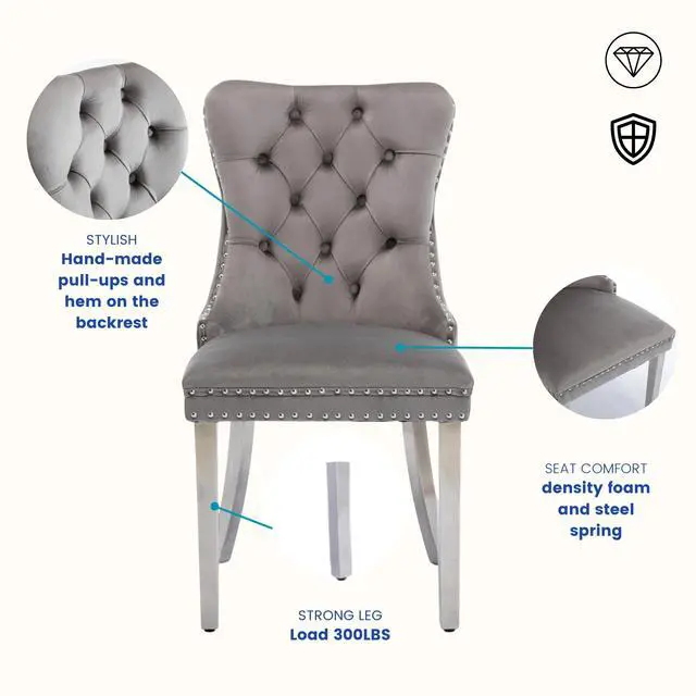 Alt view image 5 of 6 - Sumdeal Velvet Dining Chairs Set of 6, Tall Back Side Chair, Modern Upholstered High-end Tufted Side Chair with Button Back Ring,Gray with Silver Leg