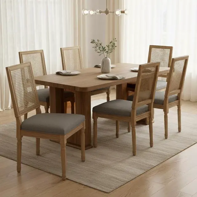 Main image of Sumdeal,5/7-piece,64.5-inch dining and chair set, featuring a modern wood-grain dining table and beige/grey upholstered farmhouse-style,French country dining chairs(Seats 4/6).