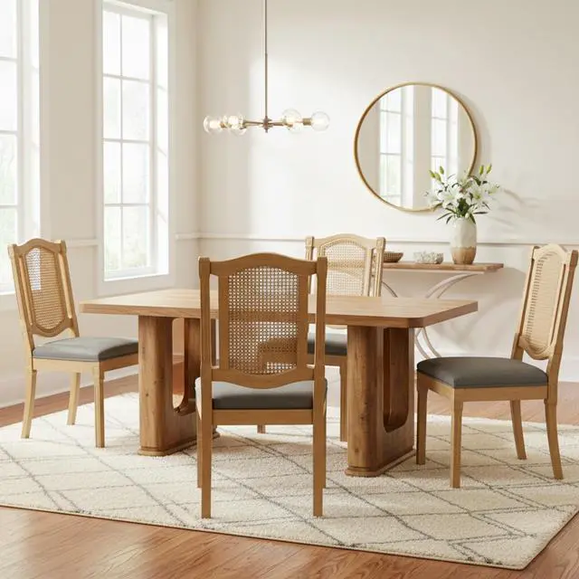 Main image of Sumdeal,5/7-piece,64.5-inch dining and chair set, featuring a modern wood-grain dining table and beige/grey upholstered farmhouse-style,French country dining chairs(Seats 4/6).
