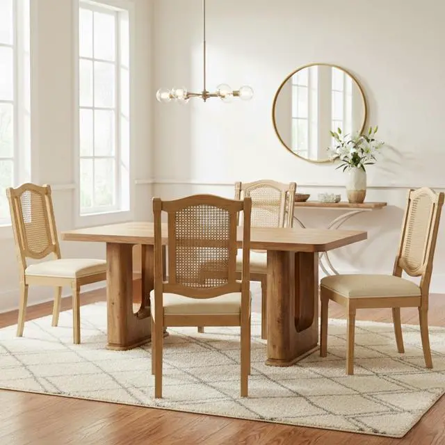 Main image of Sumdeal,5/7-piece,64.5-inch dining and chair set, featuring a modern wood-grain dining table and beige/grey upholstered farmhouse-style,French country dining chairs(Seats 4/6).
