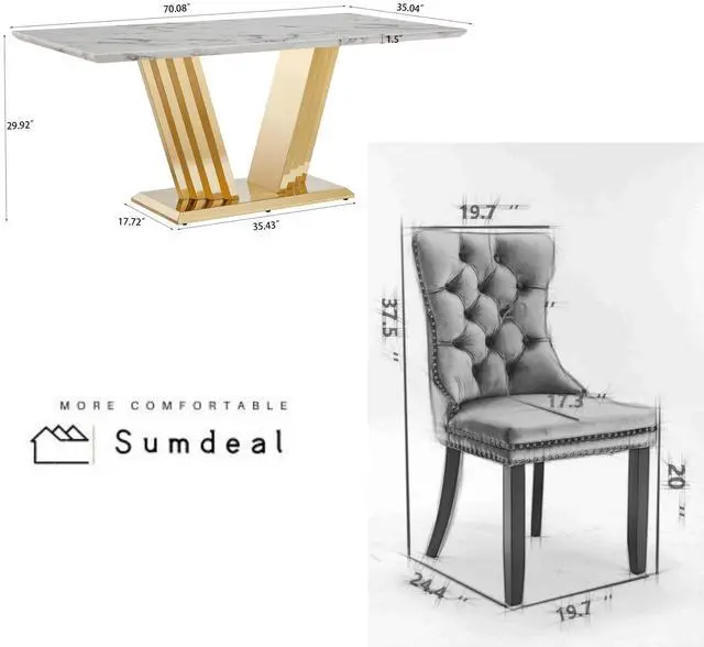 Main image of Sumdeal 5/7-piece dining and chair set features a 70-inch modern faux marble dining table with 4/6 velvet-upholstered chairs, available in gold/silver and five solid colors.