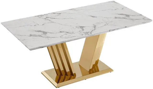 Alt view image 2 of 6 - Sumdeal 5/7-piece dining and chair set features a 70-inch modern faux marble dining table with 4/6 velvet-upholstered chairs, available in gold/silver and five solid colors.