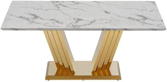 Alt view image 3 of 6 - Sumdeal 5/7-piece dining and chair set features a 70-inch modern faux marble dining table with 4/6 velvet-upholstered chairs, available in gold/silver and five solid colors.