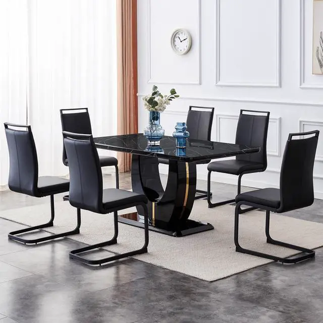 Main image of Sumdeal 63"Modern Black Rectangle Faux Marble Dining Table Room Sets for 6,Dining Table with 6 PU Leather Dining Chairs,Black Table and 6 Black C-shaped Chairs with Black Leg