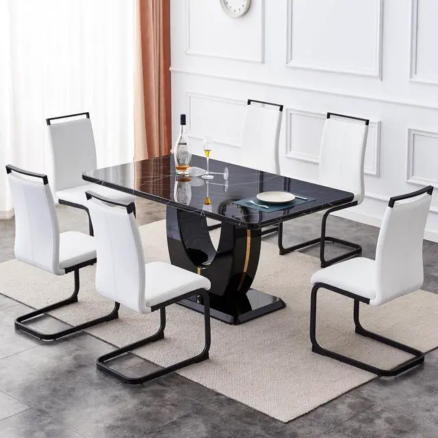 Main image of Sumdeal 63"Modern Black Rectangle Faux Marble Dining Table Room Sets for 6,Dining Table with 6 PU Leather Dining Chairs,Black Table and 6 White C-shaped Chairs with Black Leg